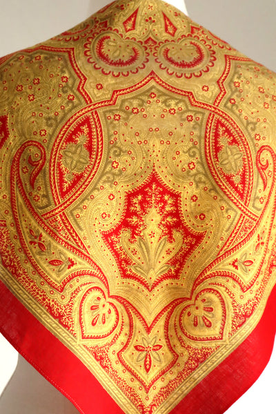 Late 1960s French Cotton Triangle Scarf in Golden & Red Paisley