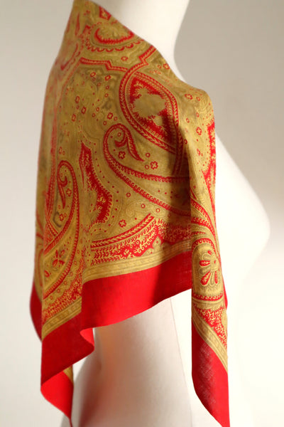 Late 1960s French Cotton Triangle Scarf in Golden & Red Paisley