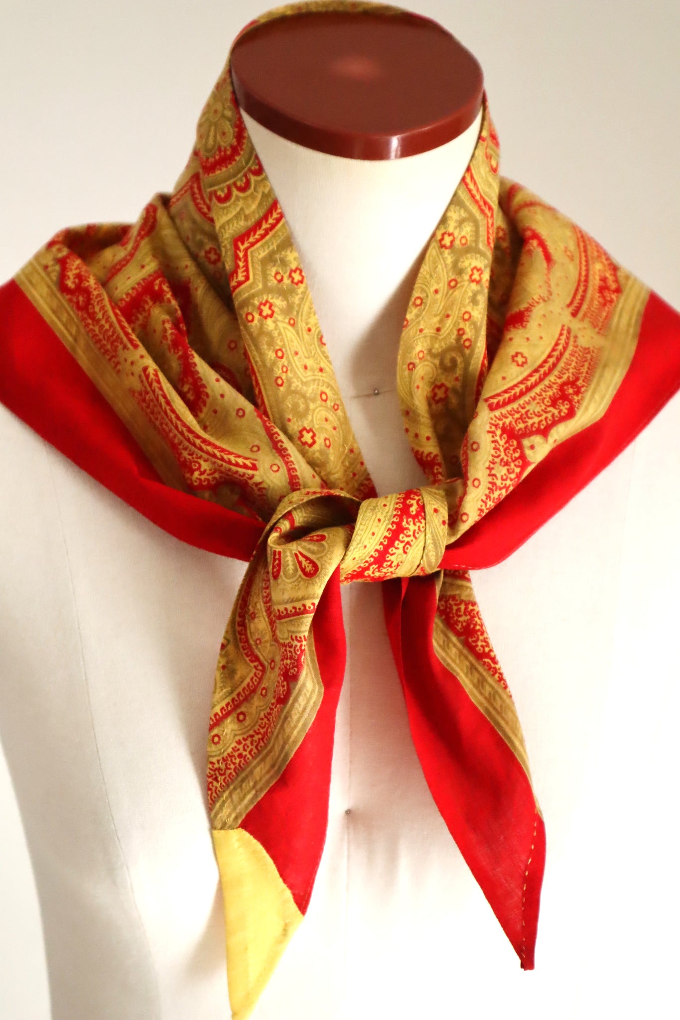 Late 1960s French Cotton Triangle Scarf in Golden & Red Paisley