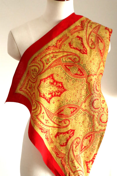 Late 1960s French Cotton Triangle Scarf in Golden & Red Paisley