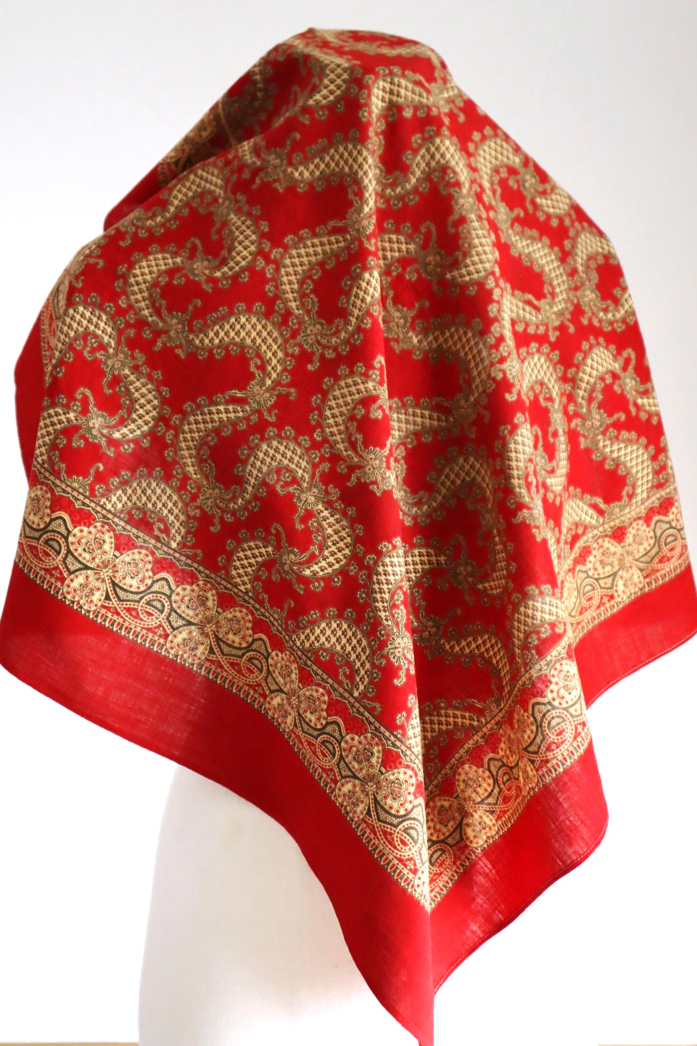 Mid-Century French Cotton Scarf in Red Paisley & Clover Print