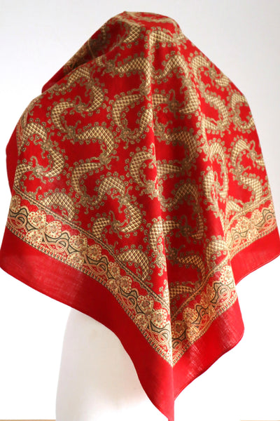 Mid-Century French Cotton Scarf in Red Paisley & Clover Print