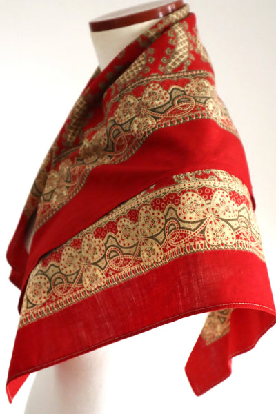 Mid-Century French Cotton Scarf in Red Paisley & Clover Print