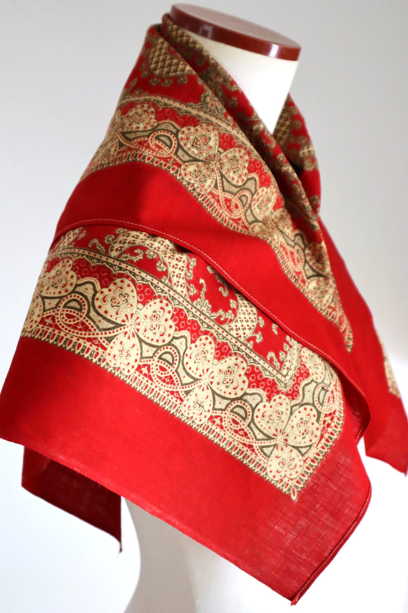 Mid-Century French Cotton Scarf in Red Paisley & Clover Print