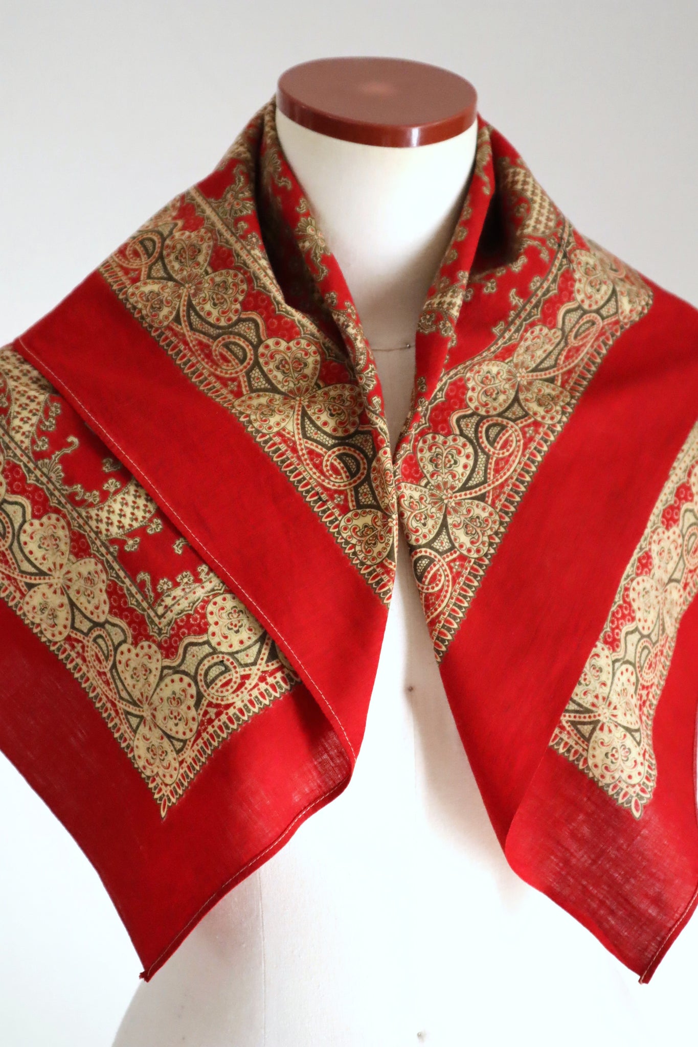 Mid-Century French Cotton Scarf in Red Paisley & Clover Print