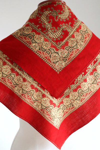 Mid-Century French Cotton Scarf in Red Paisley & Clover Print