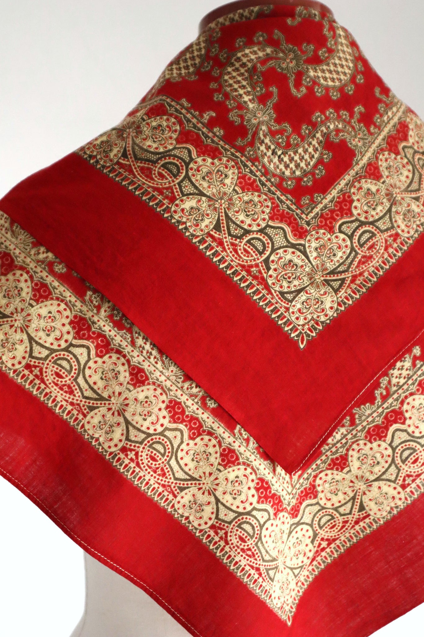 Mid-Century French Cotton Scarf in Red Paisley & Clover Print