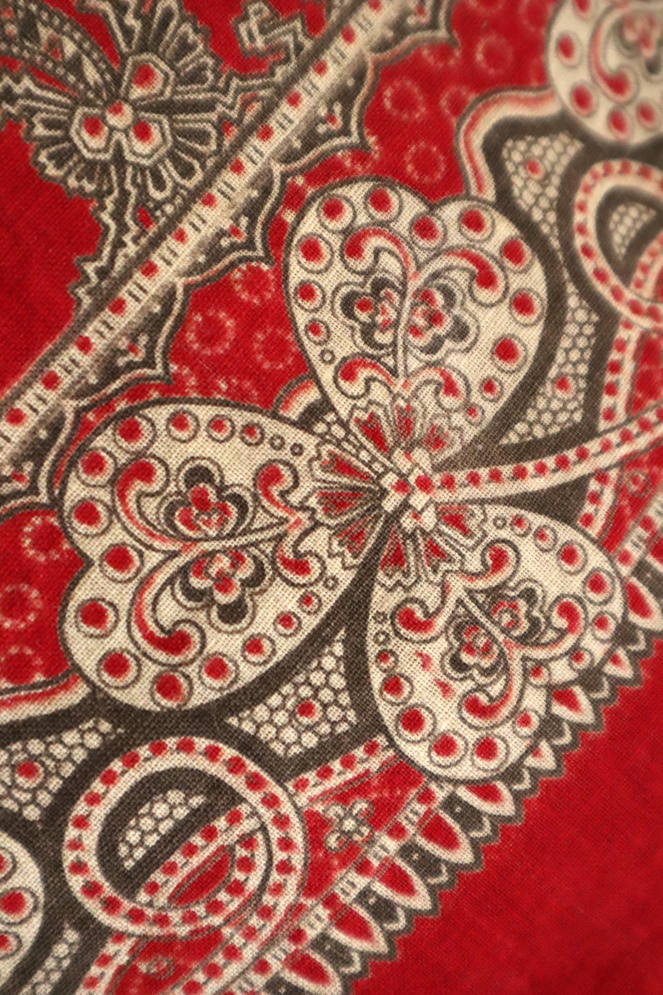 Mid-Century French Cotton Scarf in Red Paisley & Clover Print