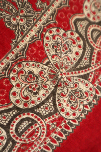 Mid-Century French Cotton Scarf in Red Paisley & Clover Print