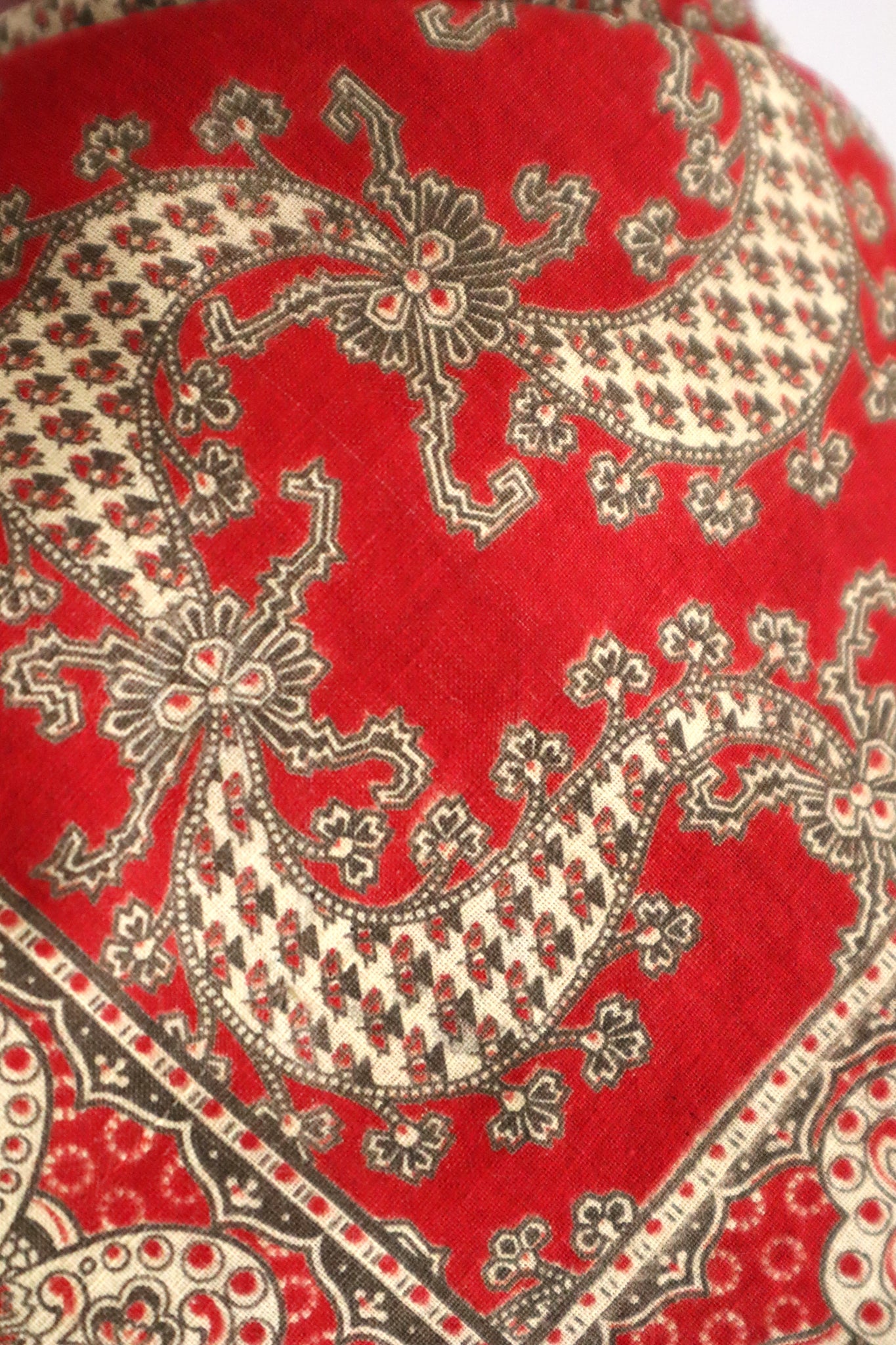 Mid-Century French Cotton Scarf in Red Paisley & Clover Print