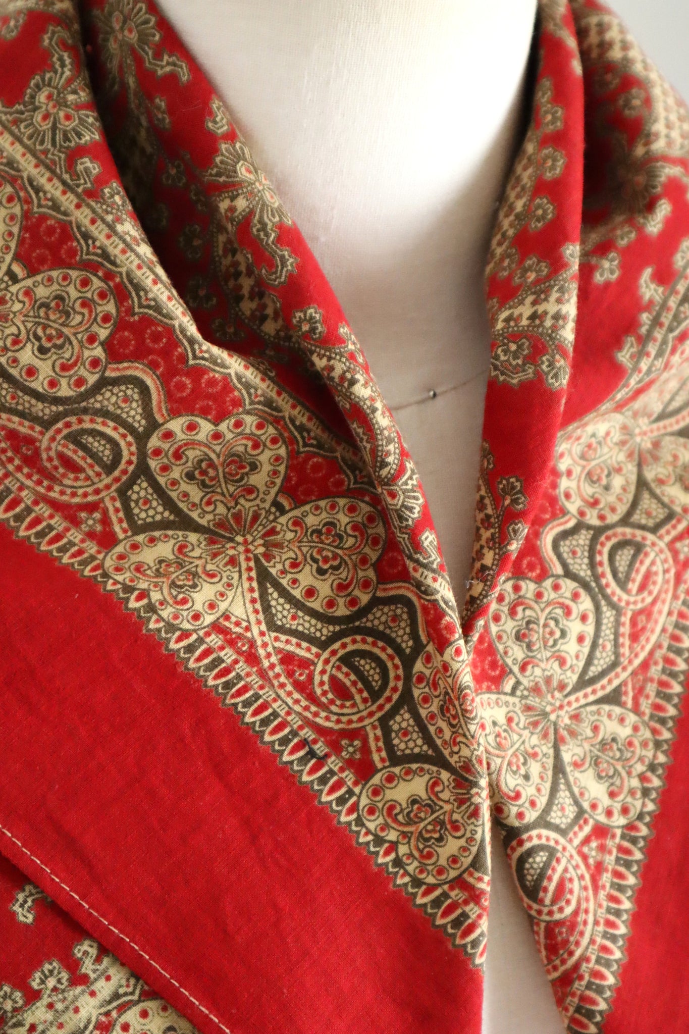 Mid-Century French Cotton Scarf in Red Paisley & Clover Print