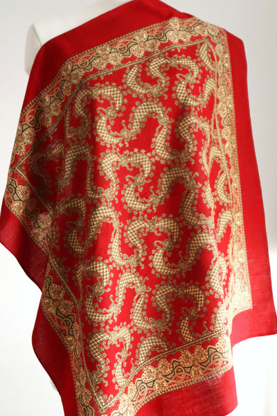 Mid-Century French Cotton Scarf in Red Paisley & Clover Print