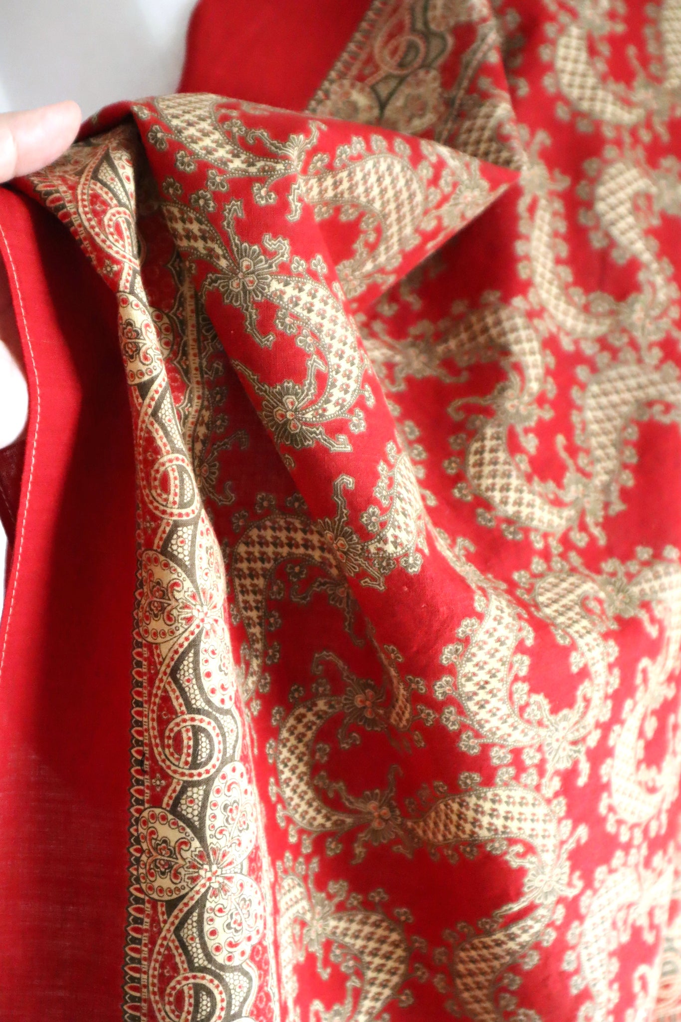 Mid-Century French Cotton Scarf in Red Paisley & Clover Print