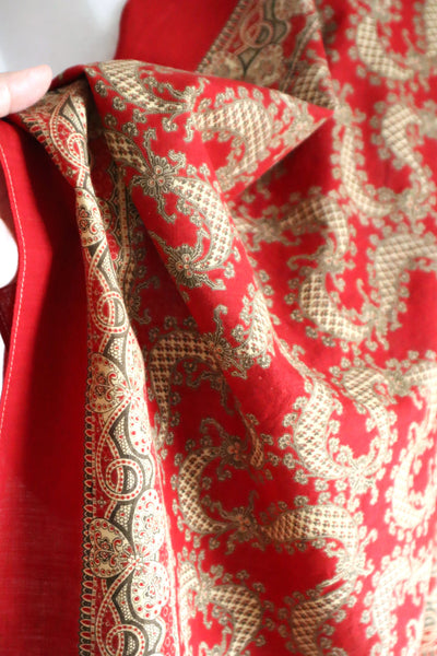 Mid-Century French Cotton Scarf in Red Paisley & Clover Print