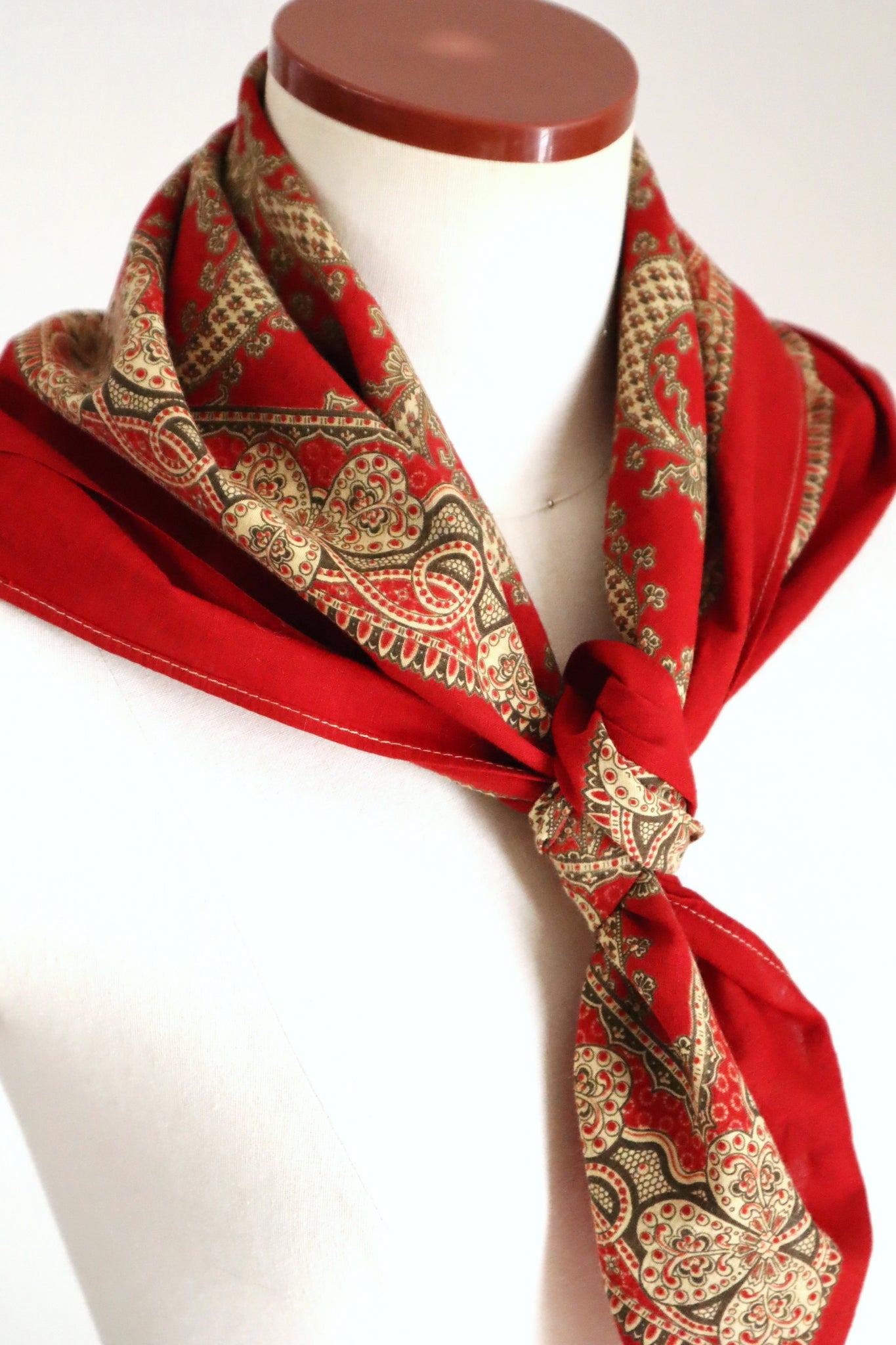 Mid-Century French Cotton Scarf in Red Paisley & Clover Print