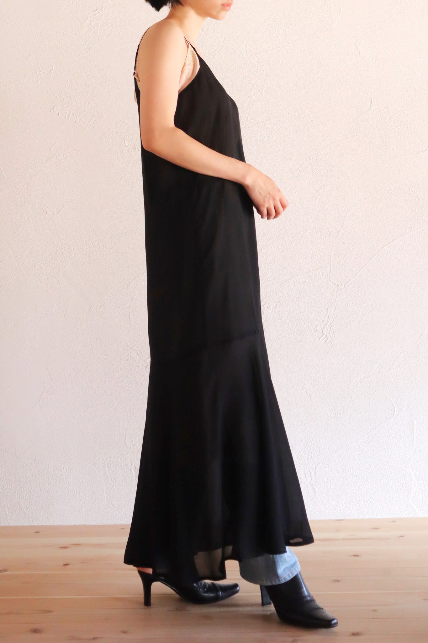 60s Black Rayon Slip Dress