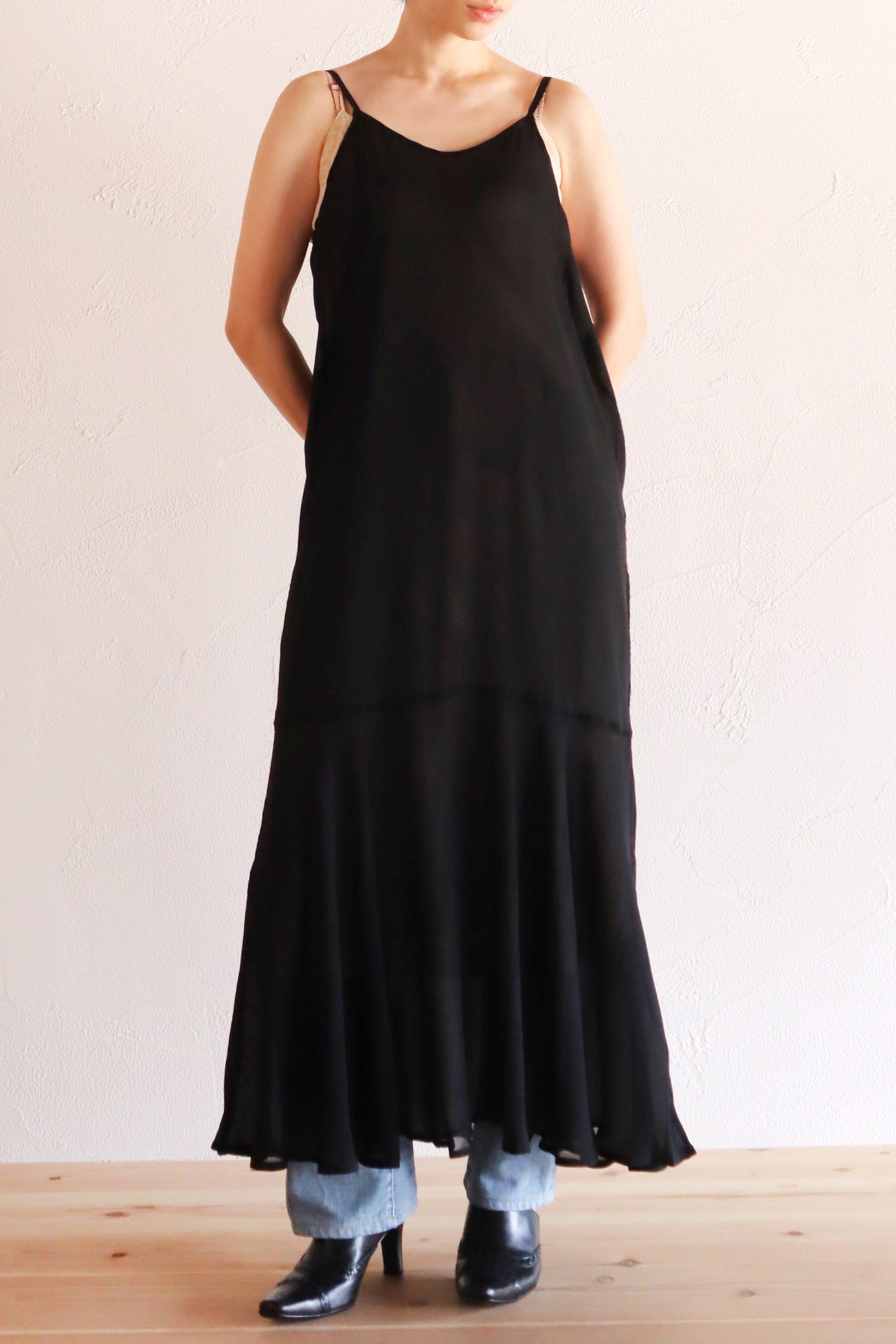 60s Black Rayon Slip Dress