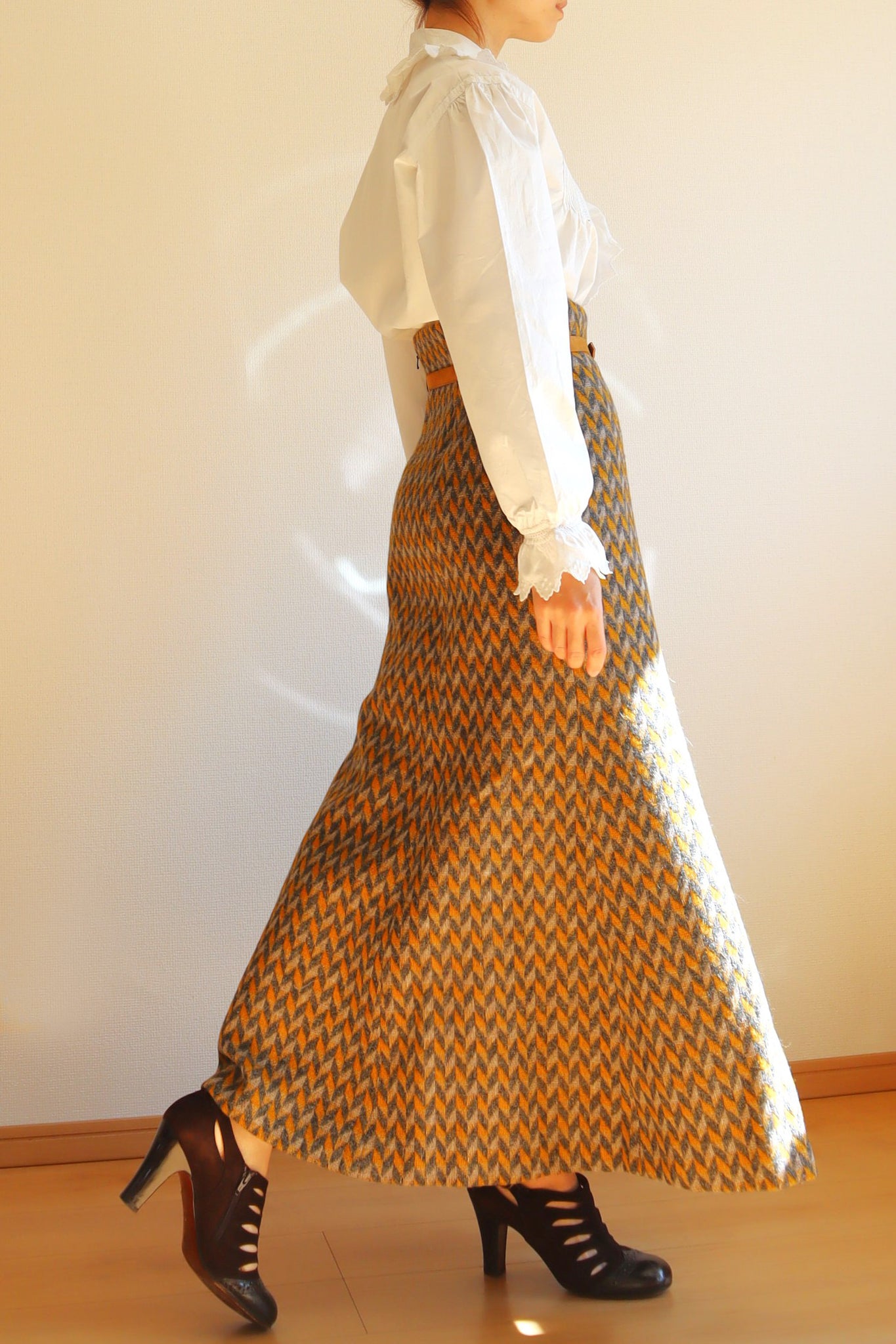 60s Wool Flare Long Skirt Mustard And Grey Herringbone