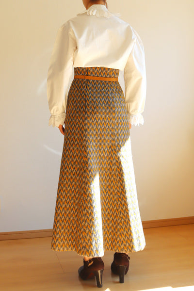 60s Wool Flare Long Skirt Mustard And Grey Herringbone