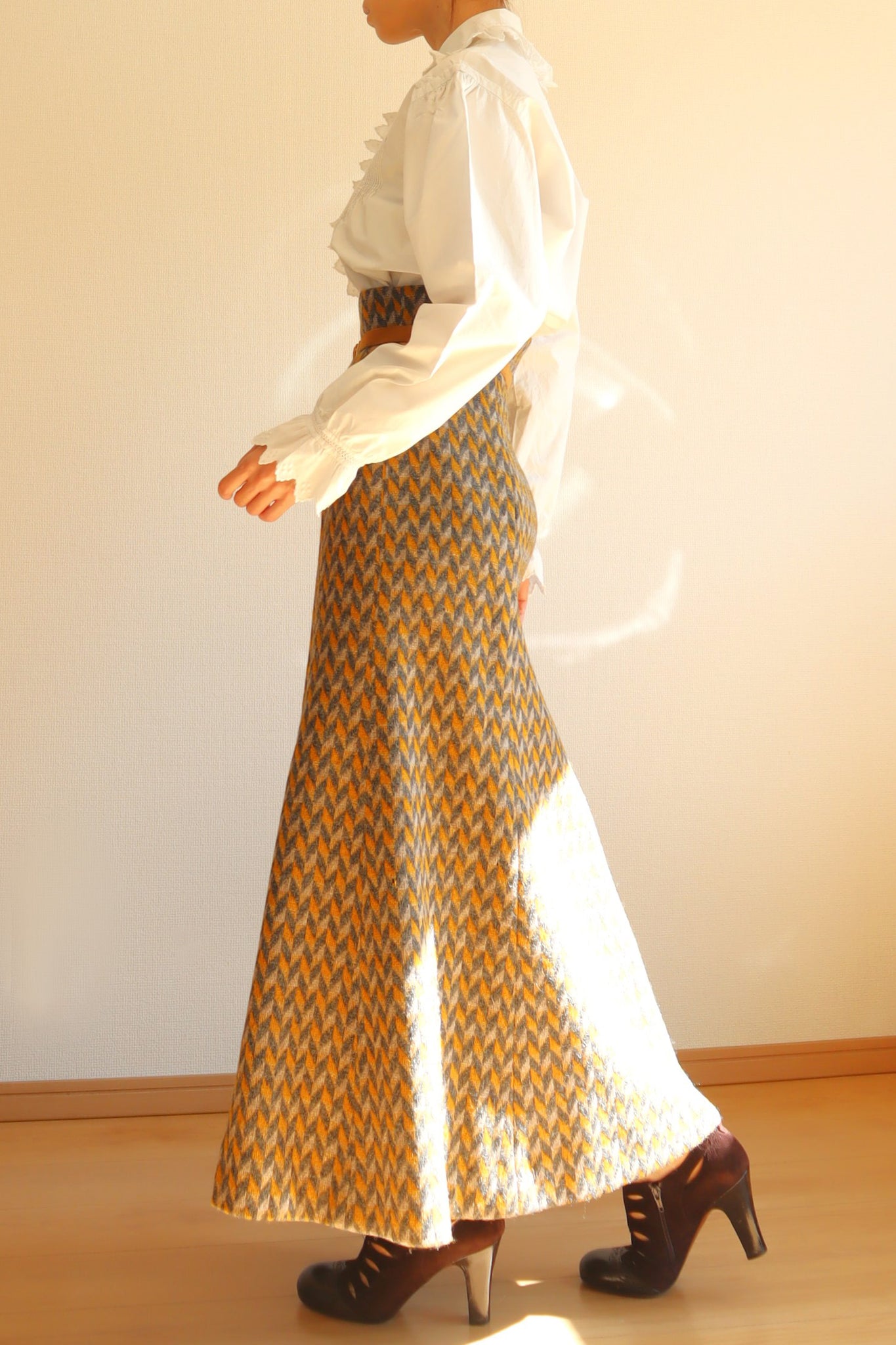 60s Wool Flare Long Skirt Mustard And Grey Herringbone