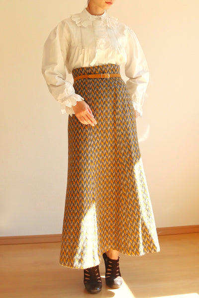 60s Wool Flare Long Skirt Mustard And Grey Herringbone