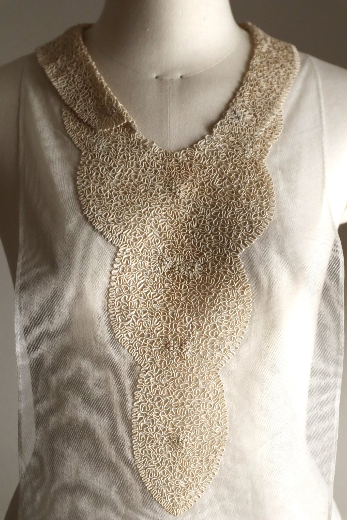 1920s British Antique Hand Corded Embroidery Cotton Tulle Dress Panel
