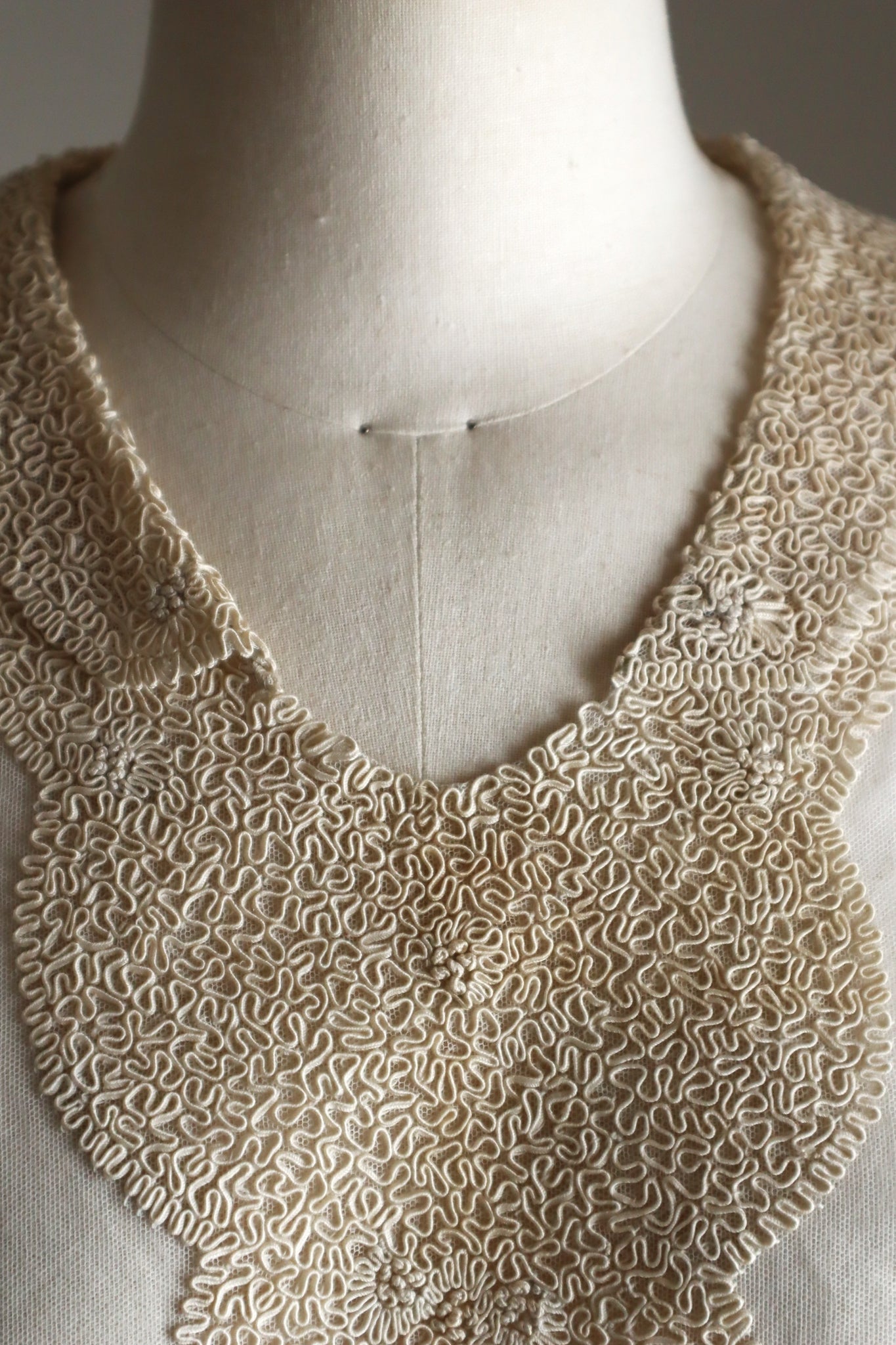 1920s British Antique Hand Corded Embroidery Cotton Tulle Dress Panel