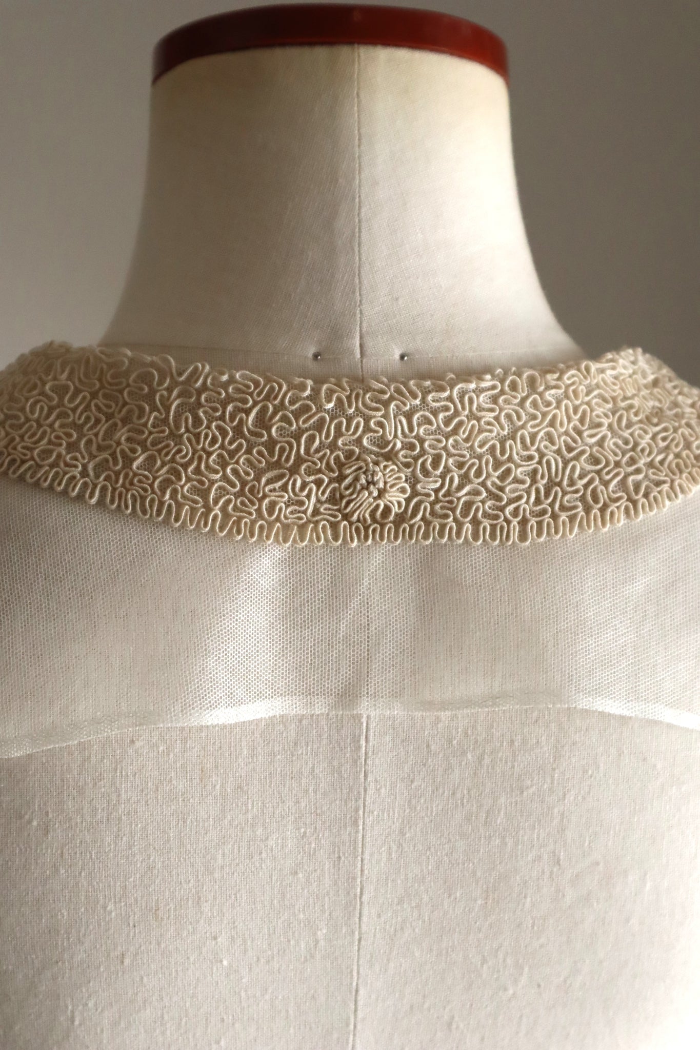 1920s British Antique Hand Corded Embroidery Cotton Tulle Dress Panel