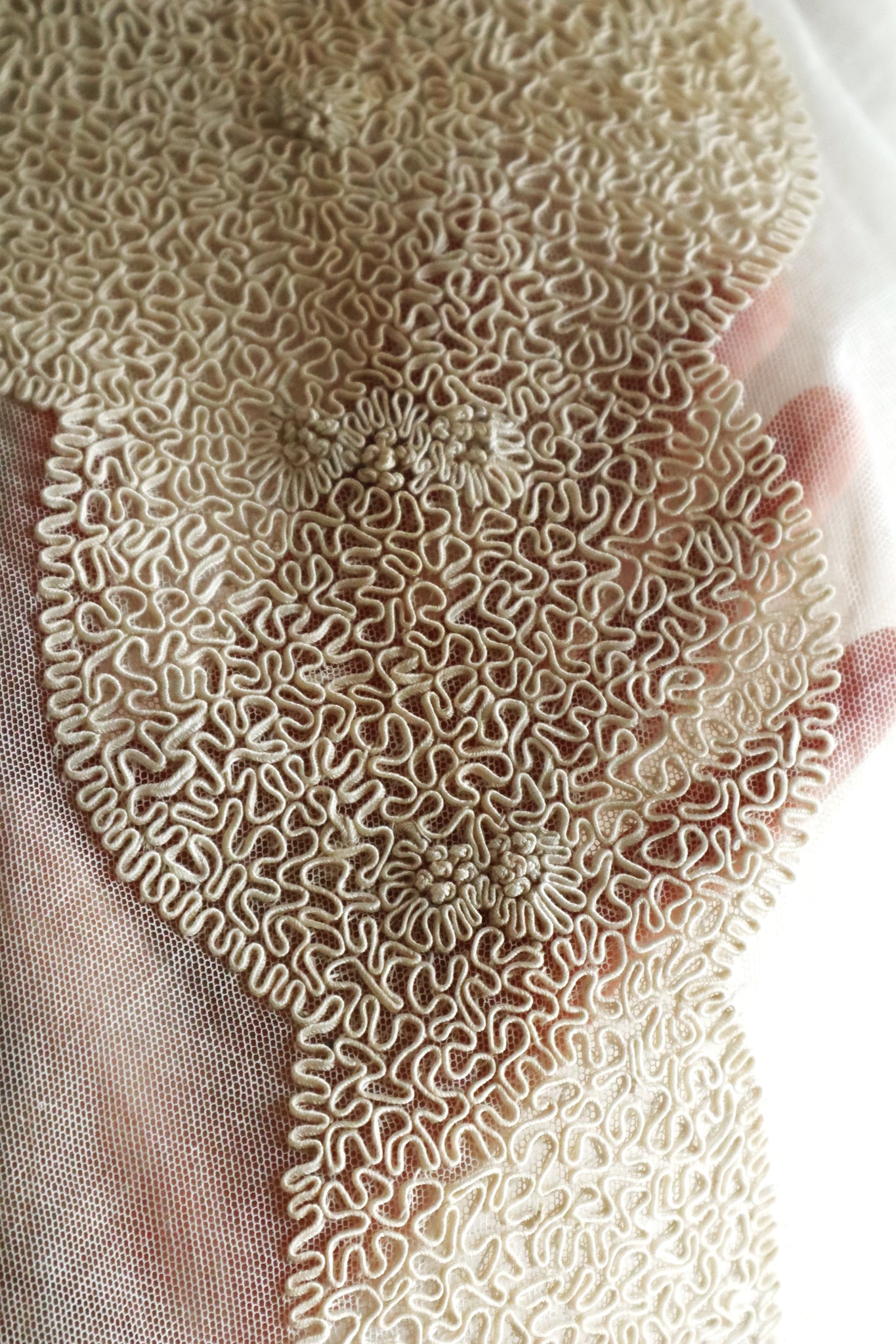 1920s British Antique Hand Corded Embroidery Cotton Tulle Dress Panel