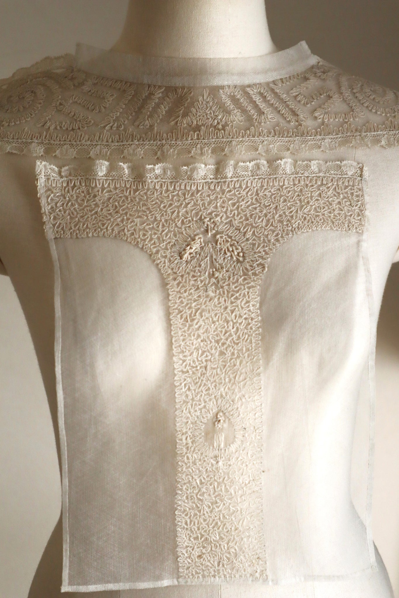 1920s British Hand Corded Embroidery Cotton Tulle Dress Panel Set