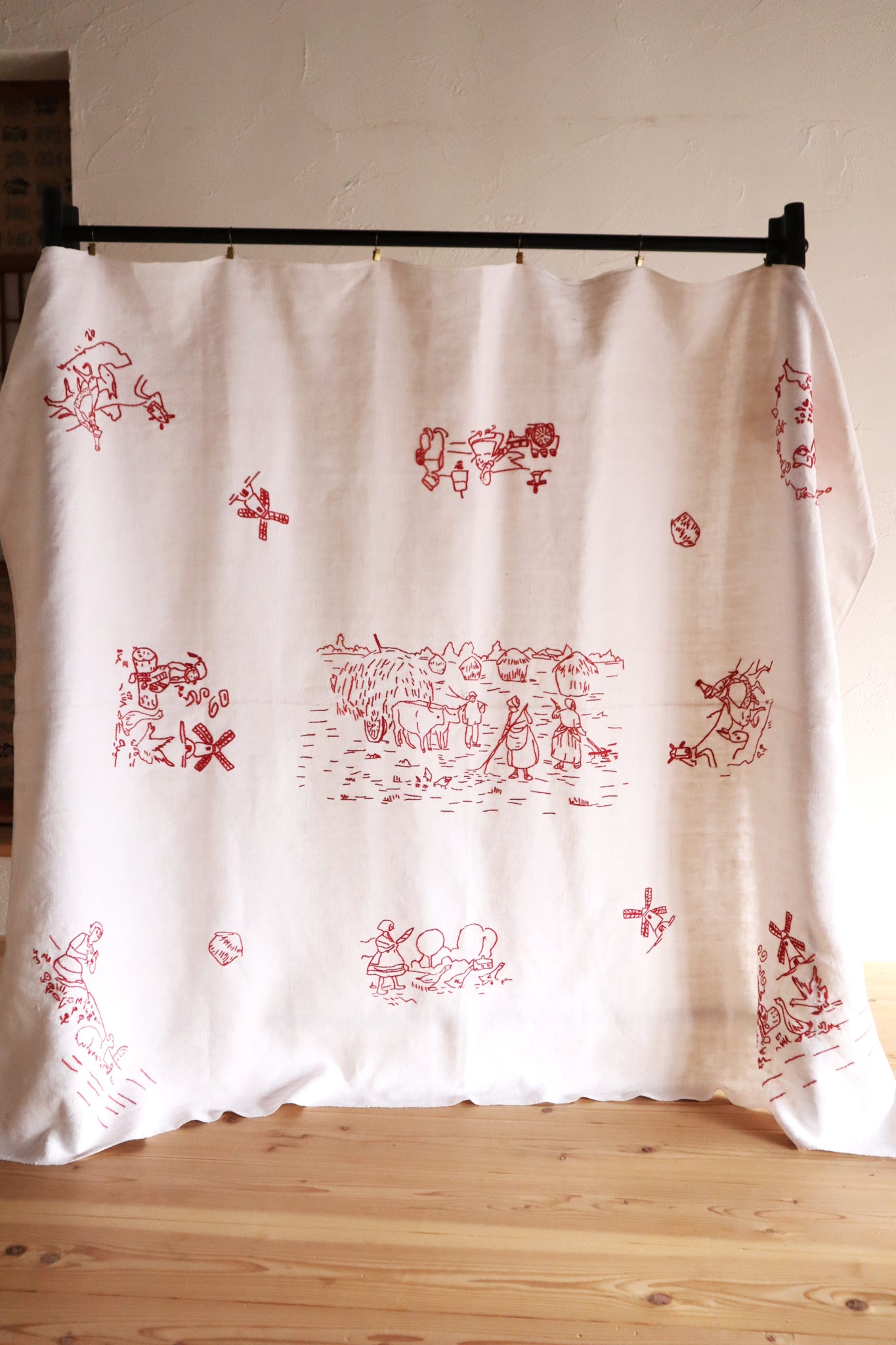 1900s French Metis Redwork Embroidered Large Cloth