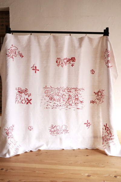 1900s French Metis Redwork Embroidered Large Cloth
