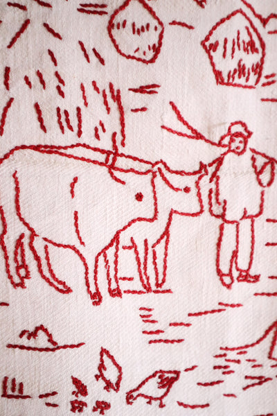 1900s French Metis Redwork Embroidered Large Cloth