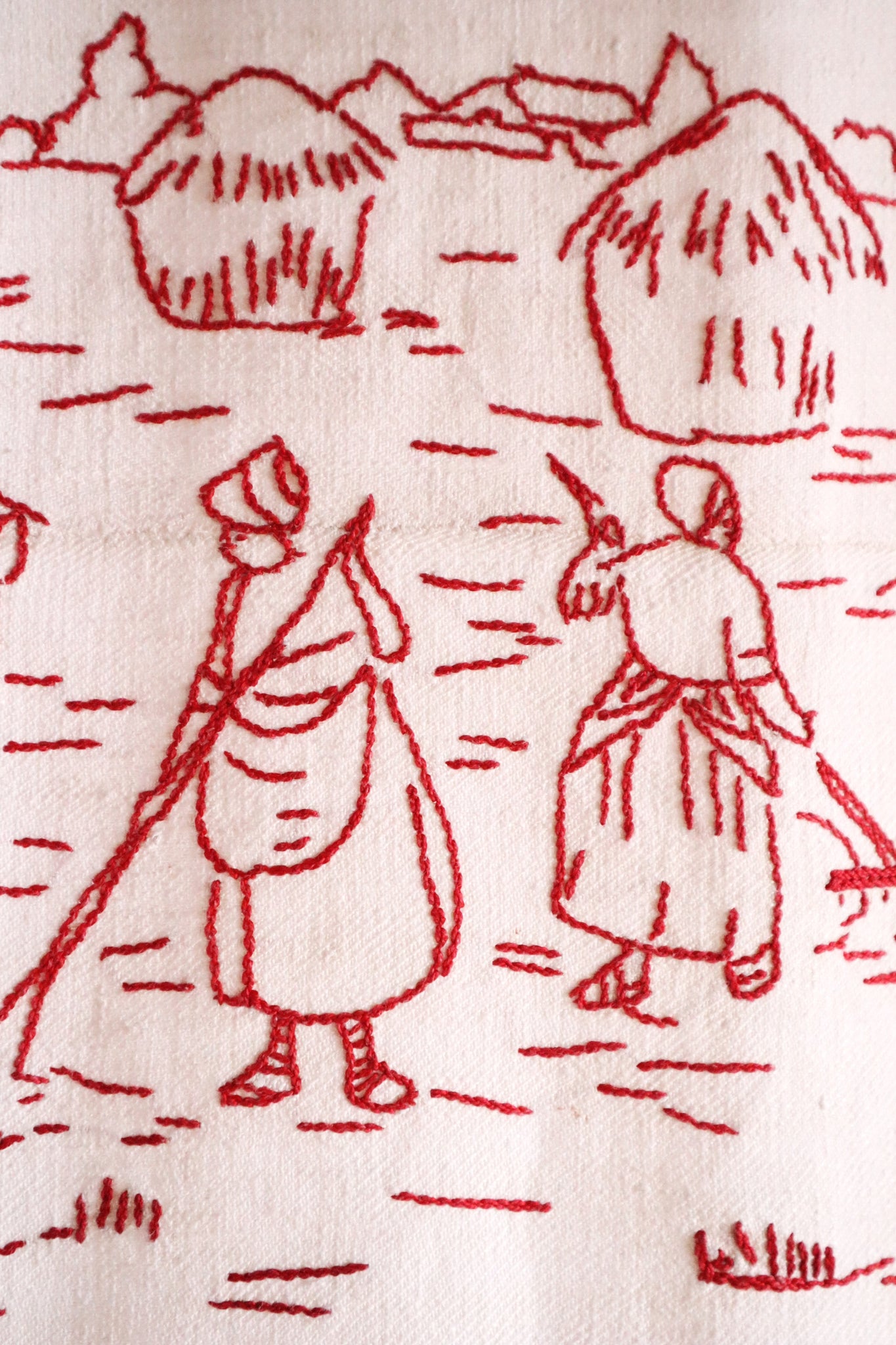 1900s French Metis Redwork Embroidered Large Cloth