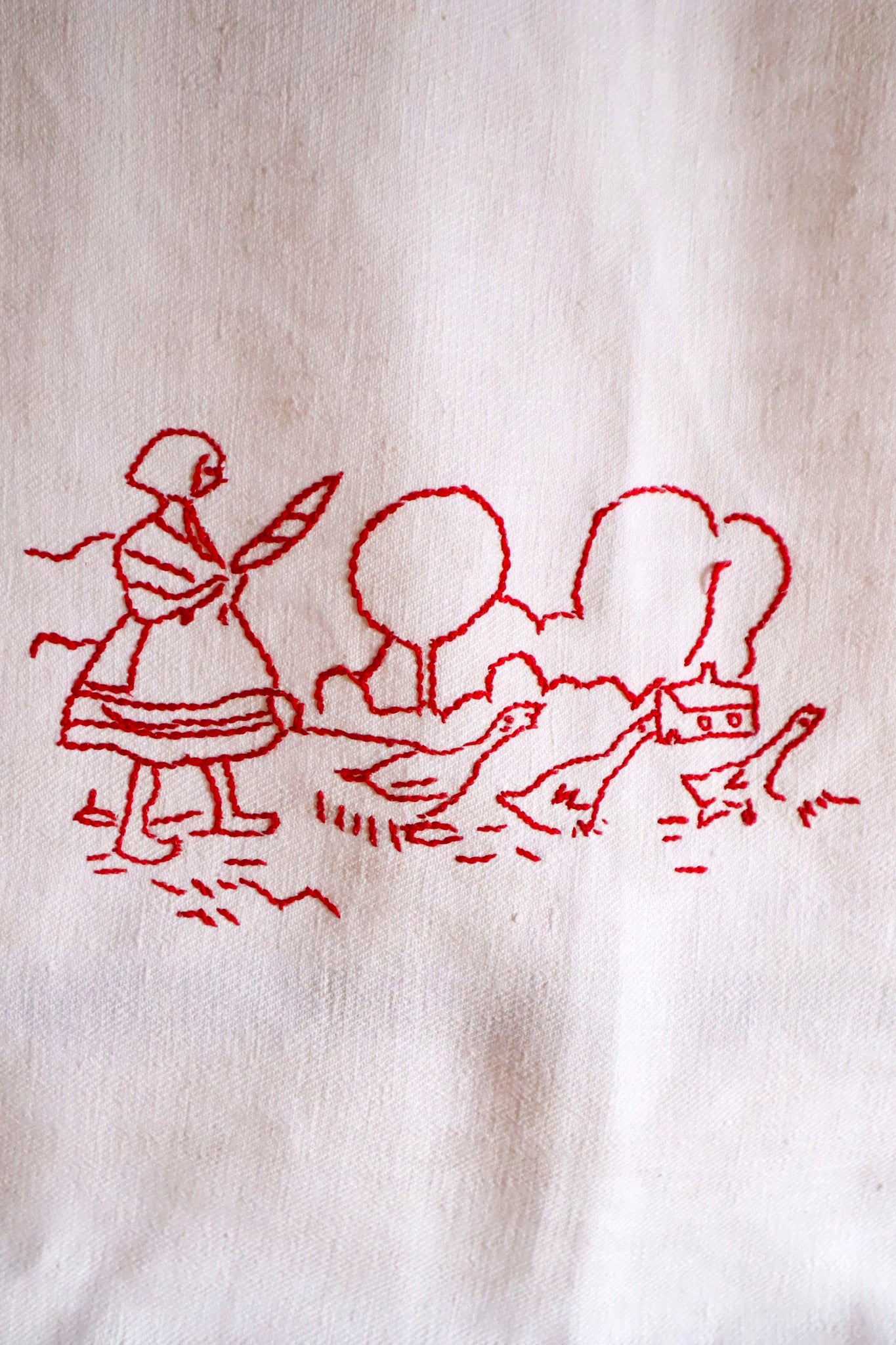 1900s French Metis Redwork Embroidered Large Cloth