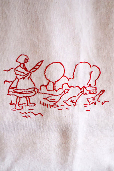 1900s French Metis Redwork Embroidered Large Cloth