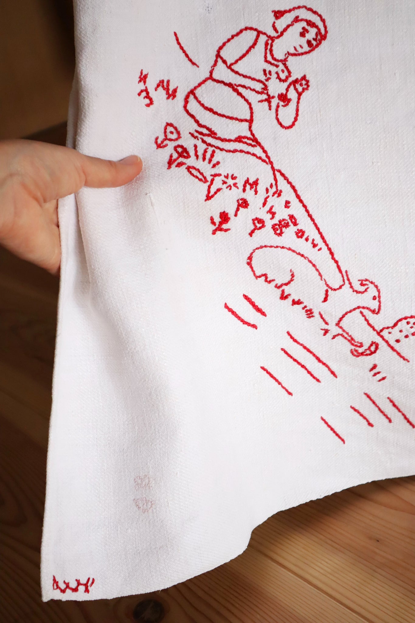 1900s French Metis Redwork Embroidered Large Cloth