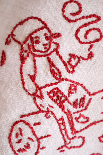 1900s French Metis Redwork Embroidered Large Cloth