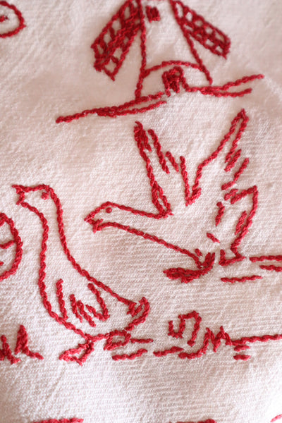 1900s French Metis Redwork Embroidered Large Cloth