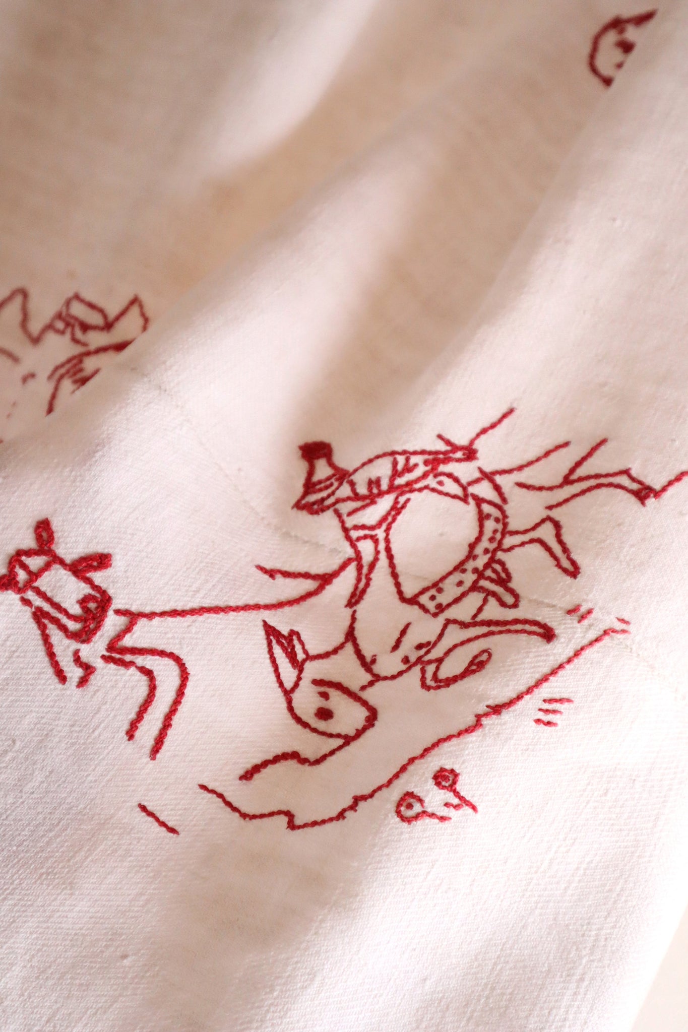 1900s French Metis Redwork Embroidered Large Cloth