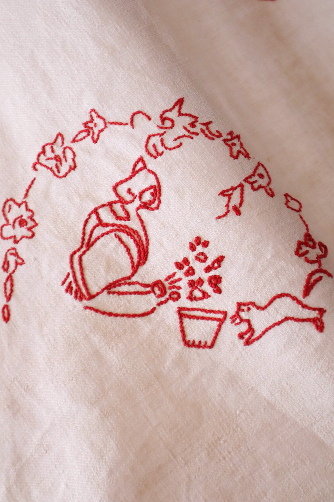 1900s French Metis Redwork Embroidered Large Cloth