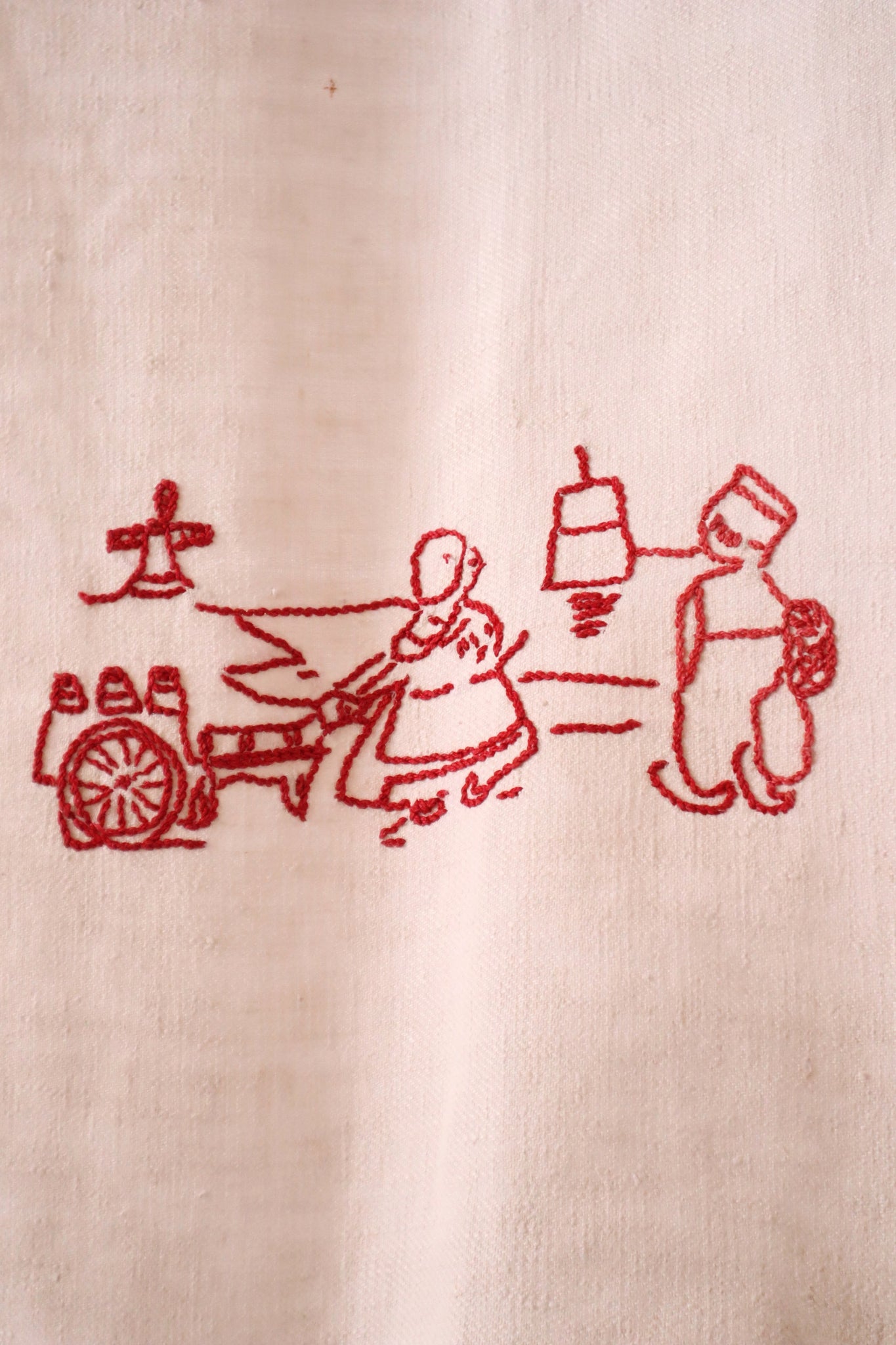 1900s French Metis Redwork Embroidered Large Cloth