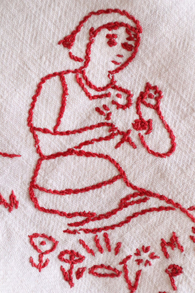 1900s French Metis Redwork Embroidered Large Cloth