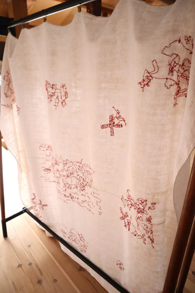 1900s French Metis Redwork Embroidered Large Cloth