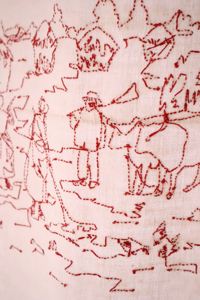 1900s French Metis Redwork Embroidered Large Cloth