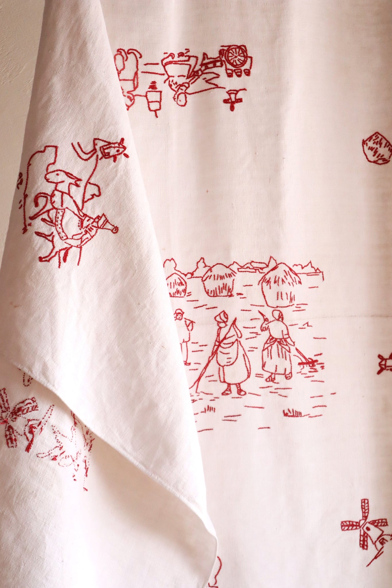 1900s French Metis Redwork Embroidered Large Cloth