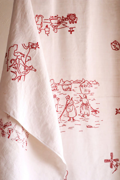 1900s French Metis Redwork Embroidered Large Cloth