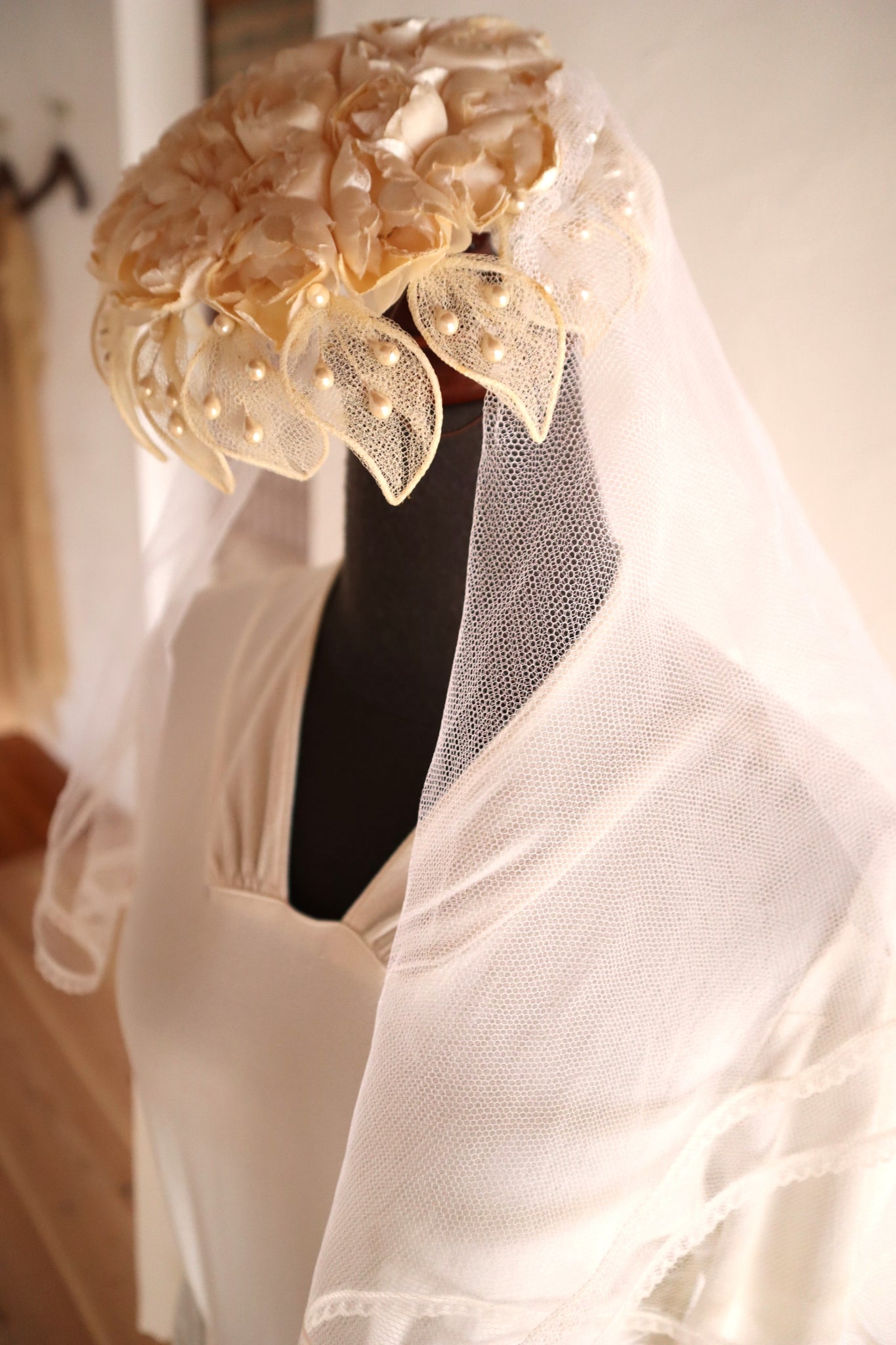 1950s–60s French Floral Crown Wedding Veil