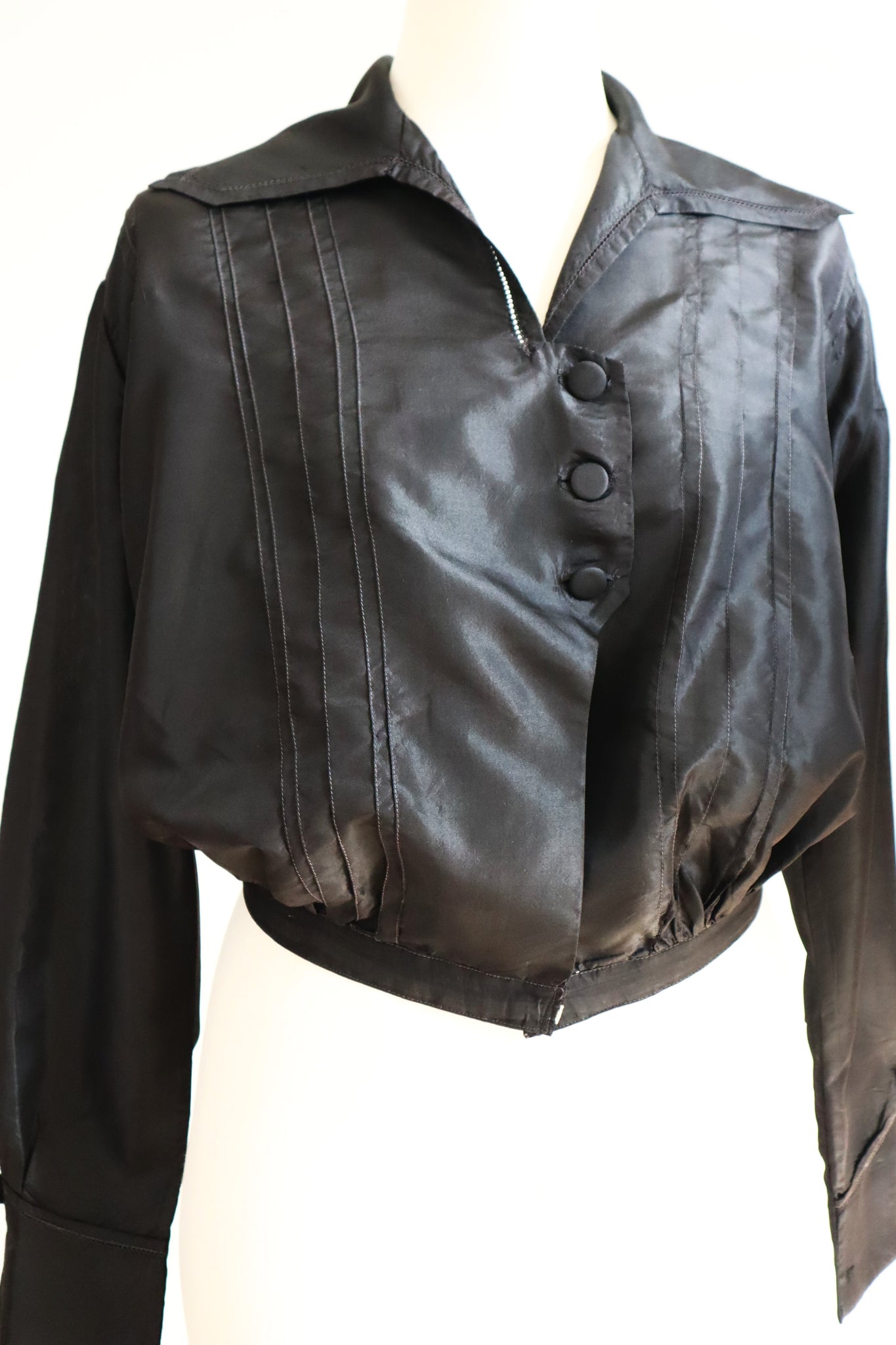 1900s–1910s Acorn Brand Black Silk Pigeon-Front Jacket