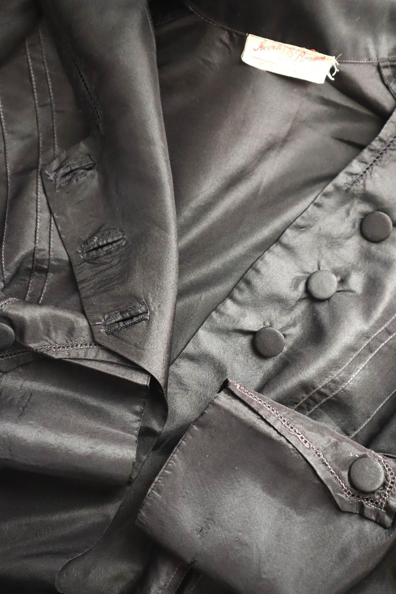 1900s–1910s Acorn Brand Black Silk Pigeon-Front Jacket